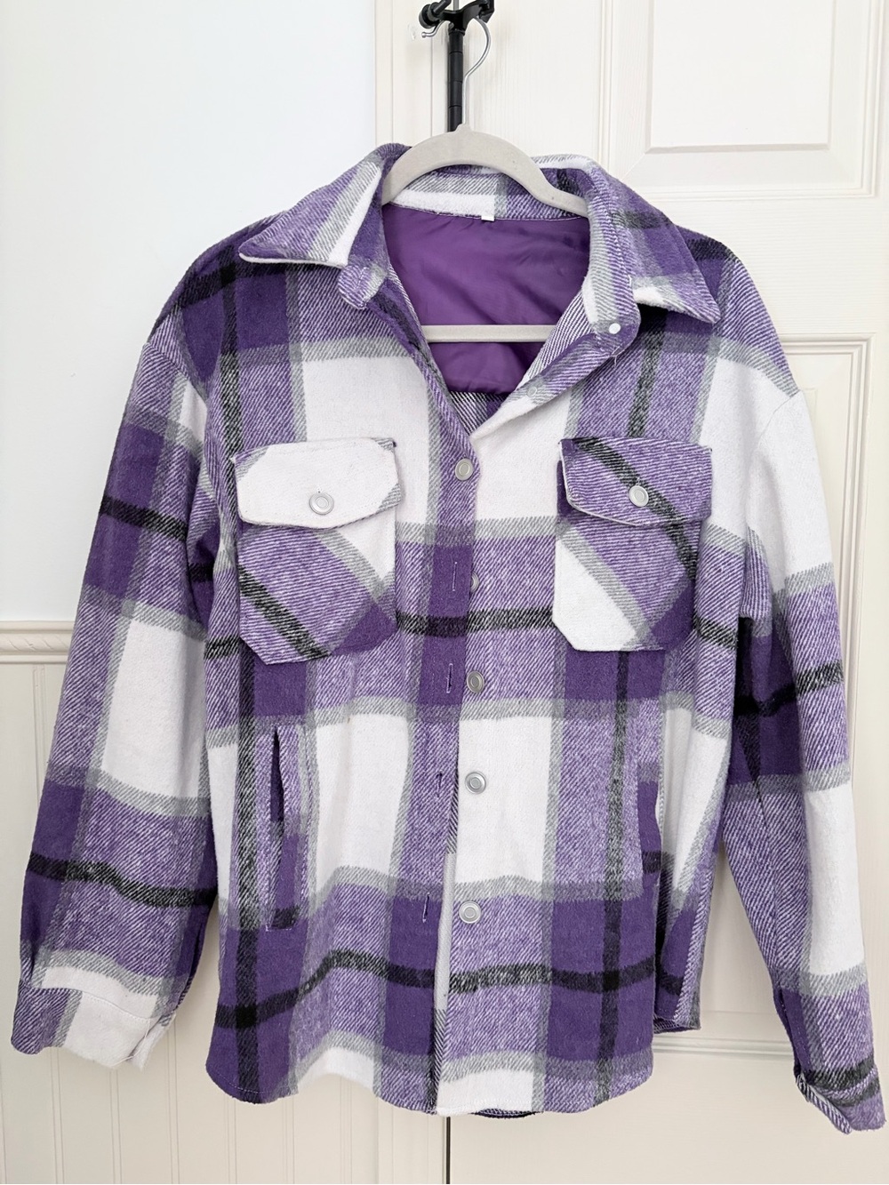 Amazon Purple and White Plaid Snap-Front Shacket